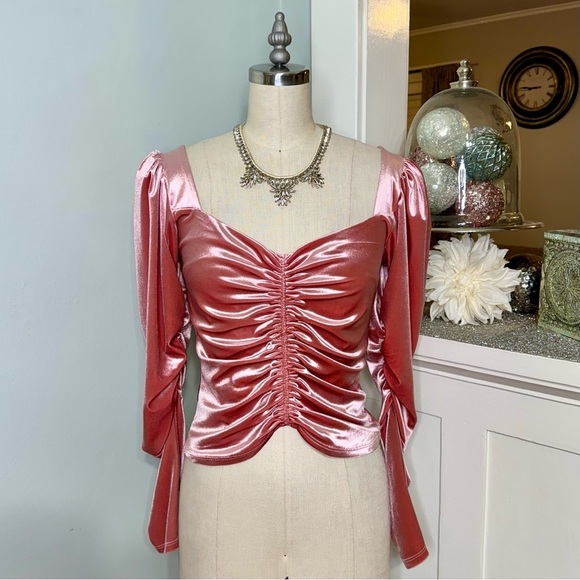 Express Pink Velvet Ruched Puff Long Sleeve Crop Top XS - Picture 4 of 14